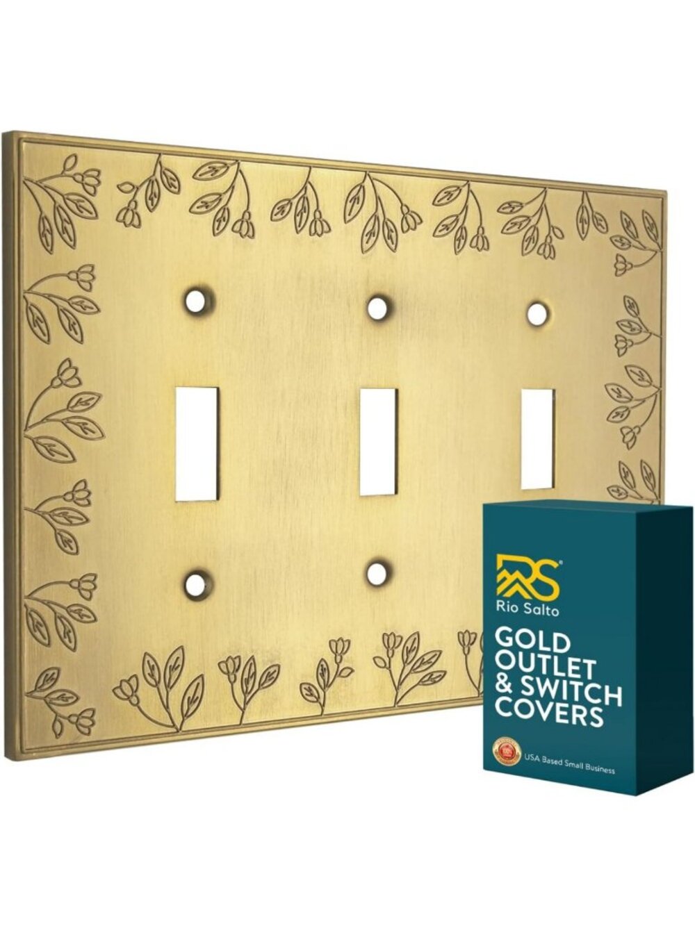 Elegant Floral 3 Toggle Light Switch Cover - Brushed Brass Gold Wall Plate